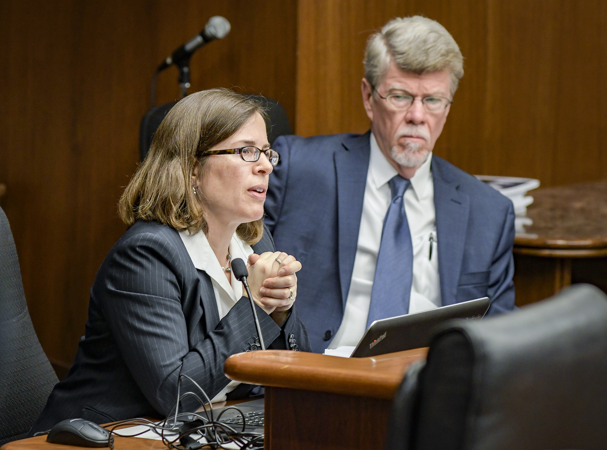 Legislative Auditor Jim Nobles and Deputy Auditor Judy Randall testify before a joint House Subcommittee on Aging and Long-Term Care and House Health and Human Services Reform Committee hearing March 6. Photo by Andrew VonBank